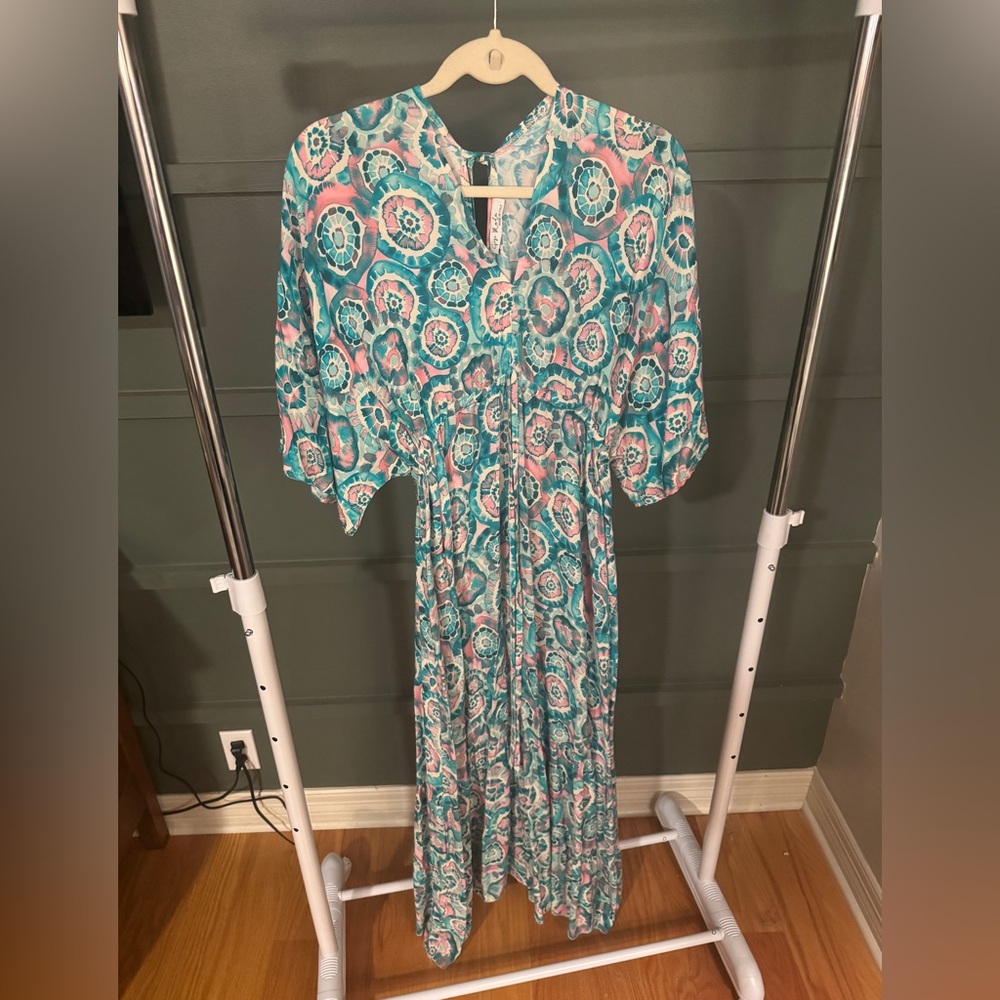 Blue Buttoned Maxi Sundress with Bishop Sleeves
